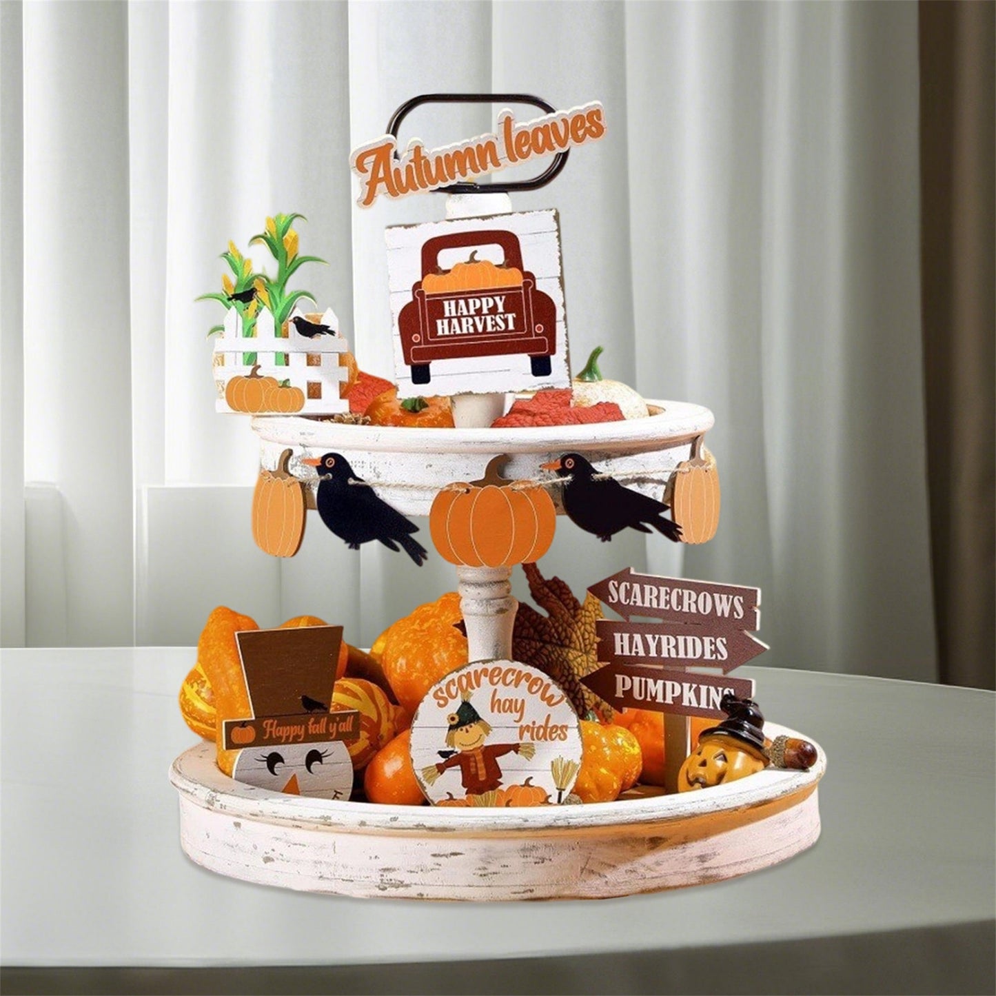 Fall Harvest Tiered Tray Decor Set – 10 Piece Thanksgiving Decoration Collection with Pumpkins, Crow Banner, Truck and Scarecrow Signs