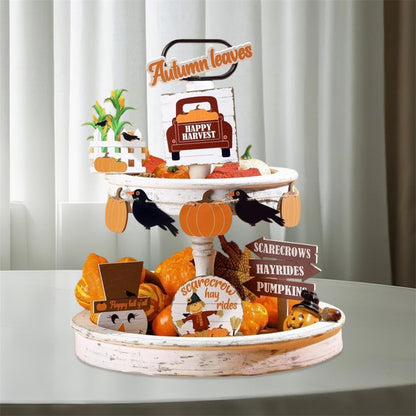 Fall Harvest Tiered Tray Decor Set – 10 Piece Thanksgiving Decoration Collection with Pumpkins, Crow Banner, Truck and Scarecrow Signs