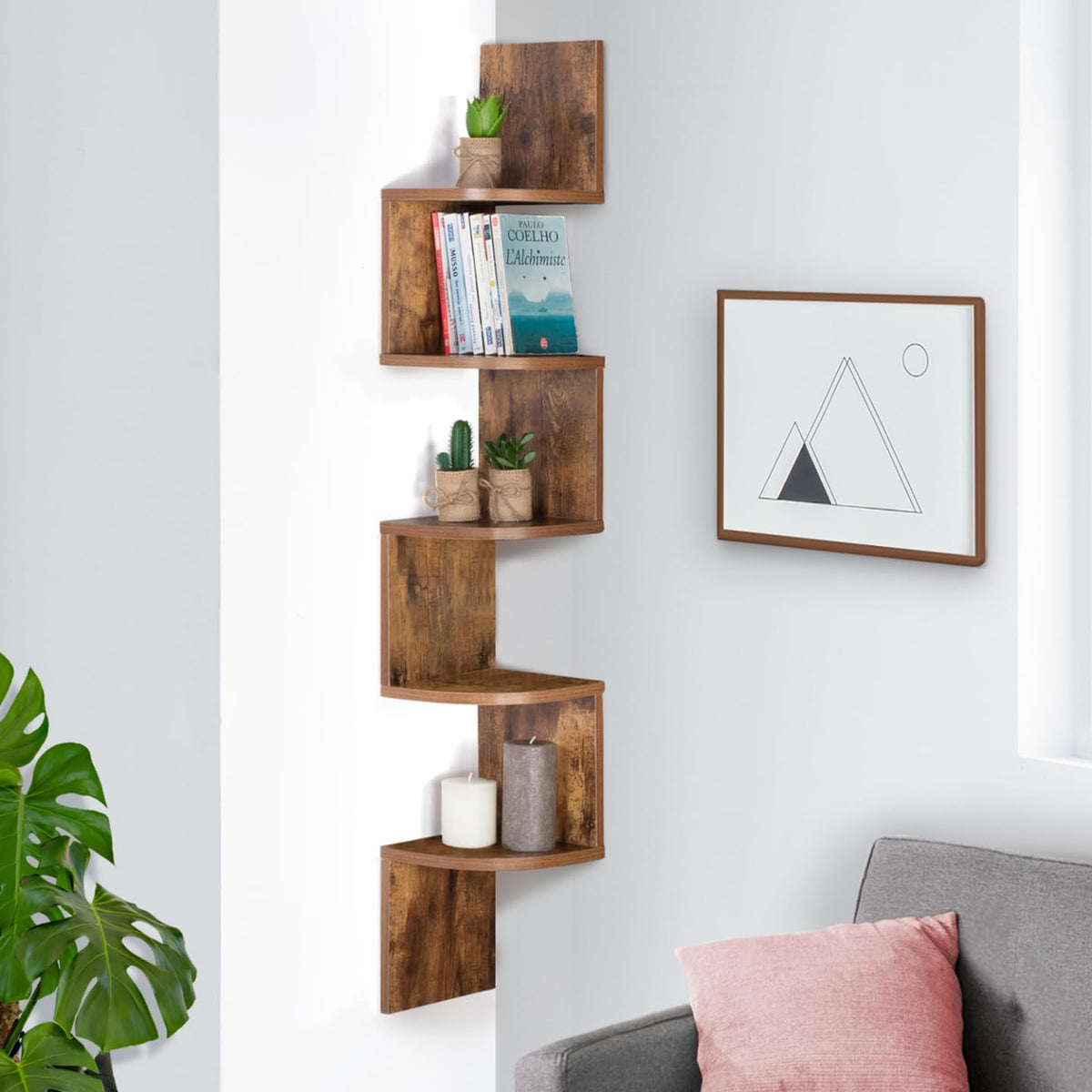 Corner Floating Shelf –5-Tier Wall Mounted Triangular Storage Rack for Bathroom, Bedroom, Living Room and Space Saving Organization