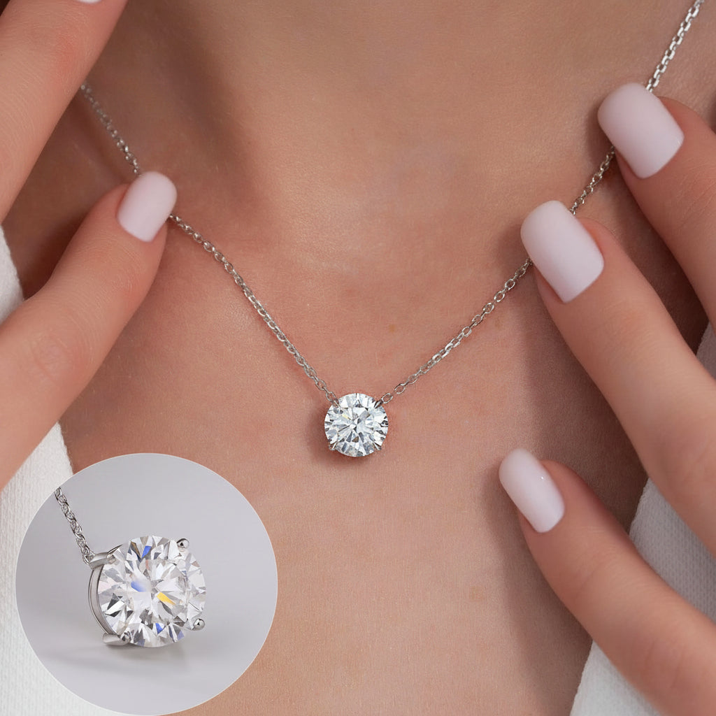 Round Moissanite Pendant Necklace – S925 Sterling Silver 4-Prong Solitaire Diamond-Look Chain for Women, Wedding Jewelry and Elegant GRA-Certified Gifts