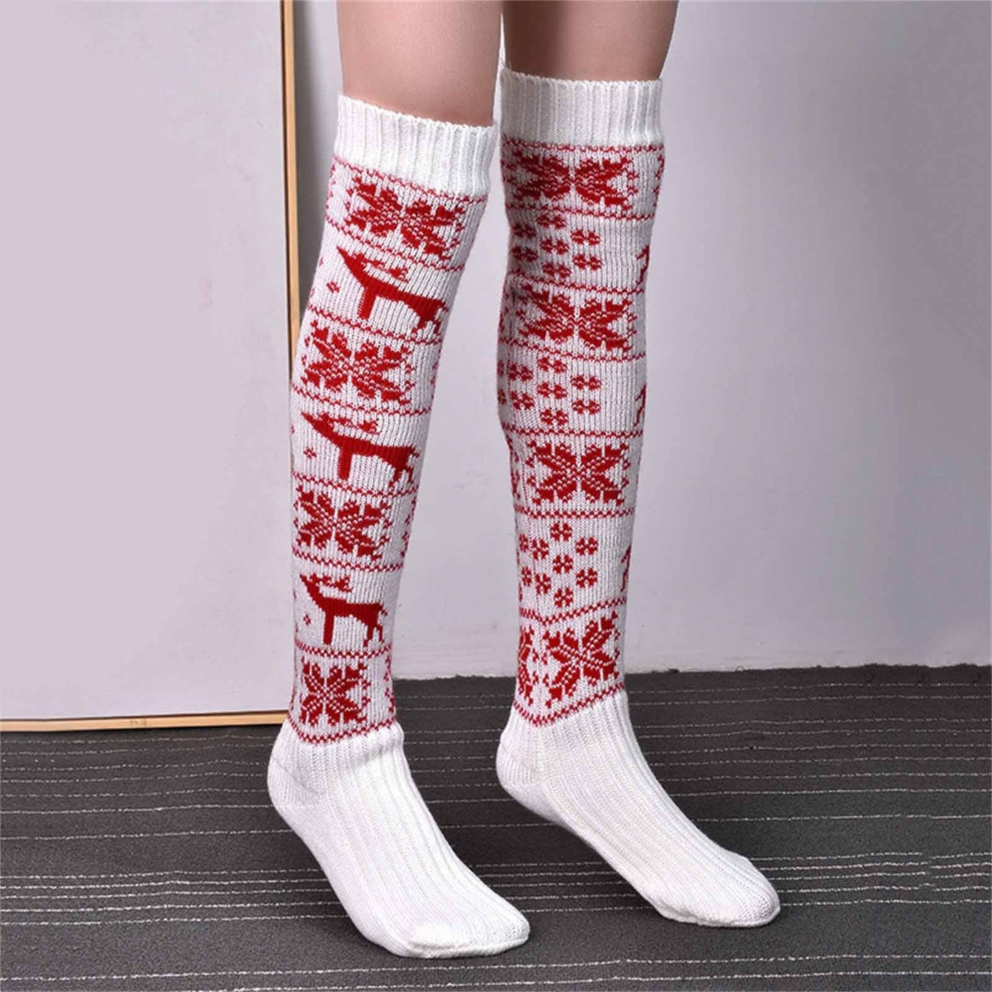 Women's Christmas Knit Socks – Cozy Over Knee Cotton Winter Socks for Holiday Outfits, Warmth and Festive Style