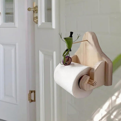 Frog Bicycle Toilet Paper Holder - Creative Wooden Tissue Roll Rack for Bathrooms, Farmhouse Decor and Fun Home Accents