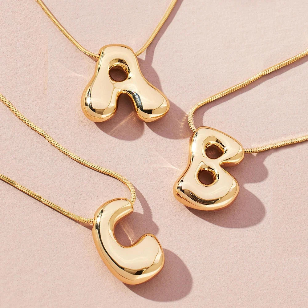 Gold Tone Initial Necklace – Stainless Steel Bubble Letter Pendant Jewelry for Women and Girls, Personalized Trendy Collar Gift