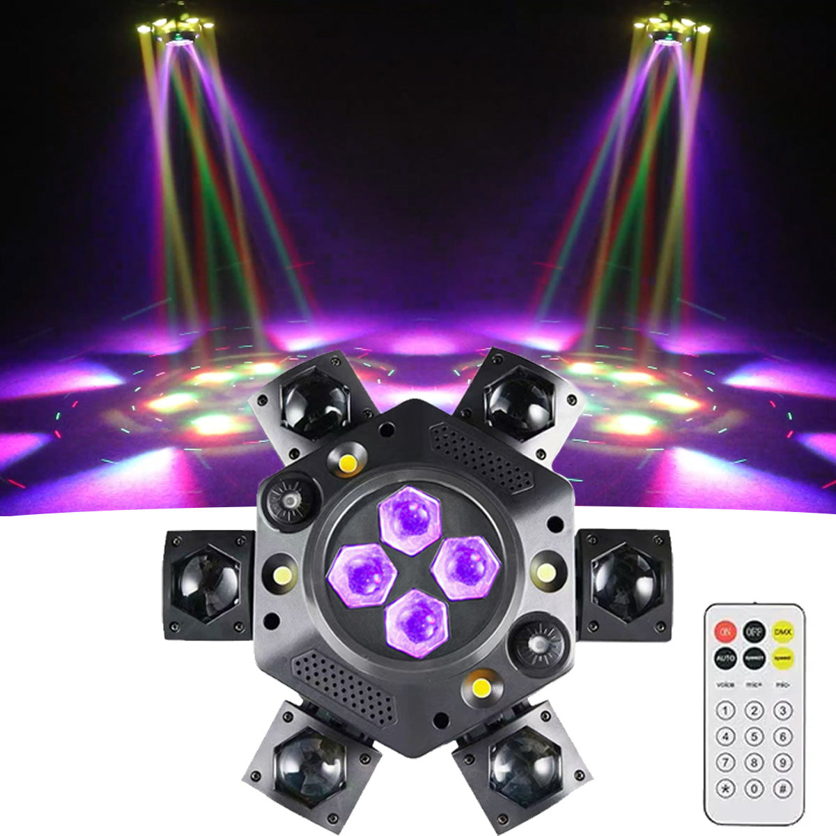 RGBW Moving Head DJ Lights – 150W Six Arm DMX512 Stage Lighting for Weddings, Clubs, Concerts and Professional Events