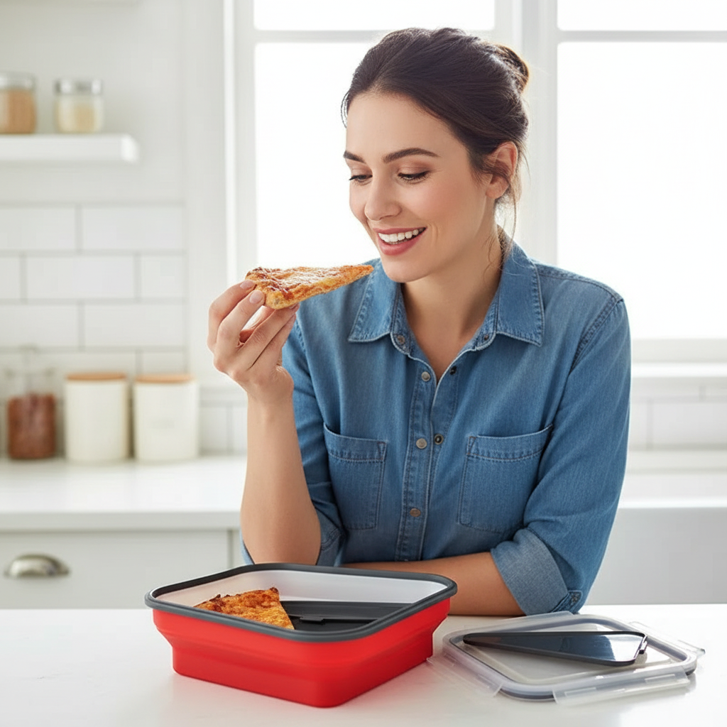 Foldable Silicone Pizza Storage Box – Reusable Food-Grade Triangle Container for Takeaway Pizza, Kids Meals, Lunches and Kitchen Organization