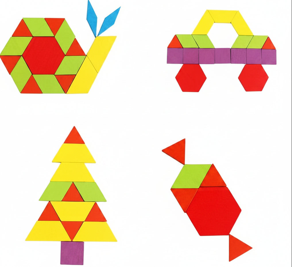 Wooden Pattern Blocks Set – 155-Piece Montessori Geometric Tangram Puzzle for Kids Developing Shape Recognition, Fine Motor Skills and Creativity