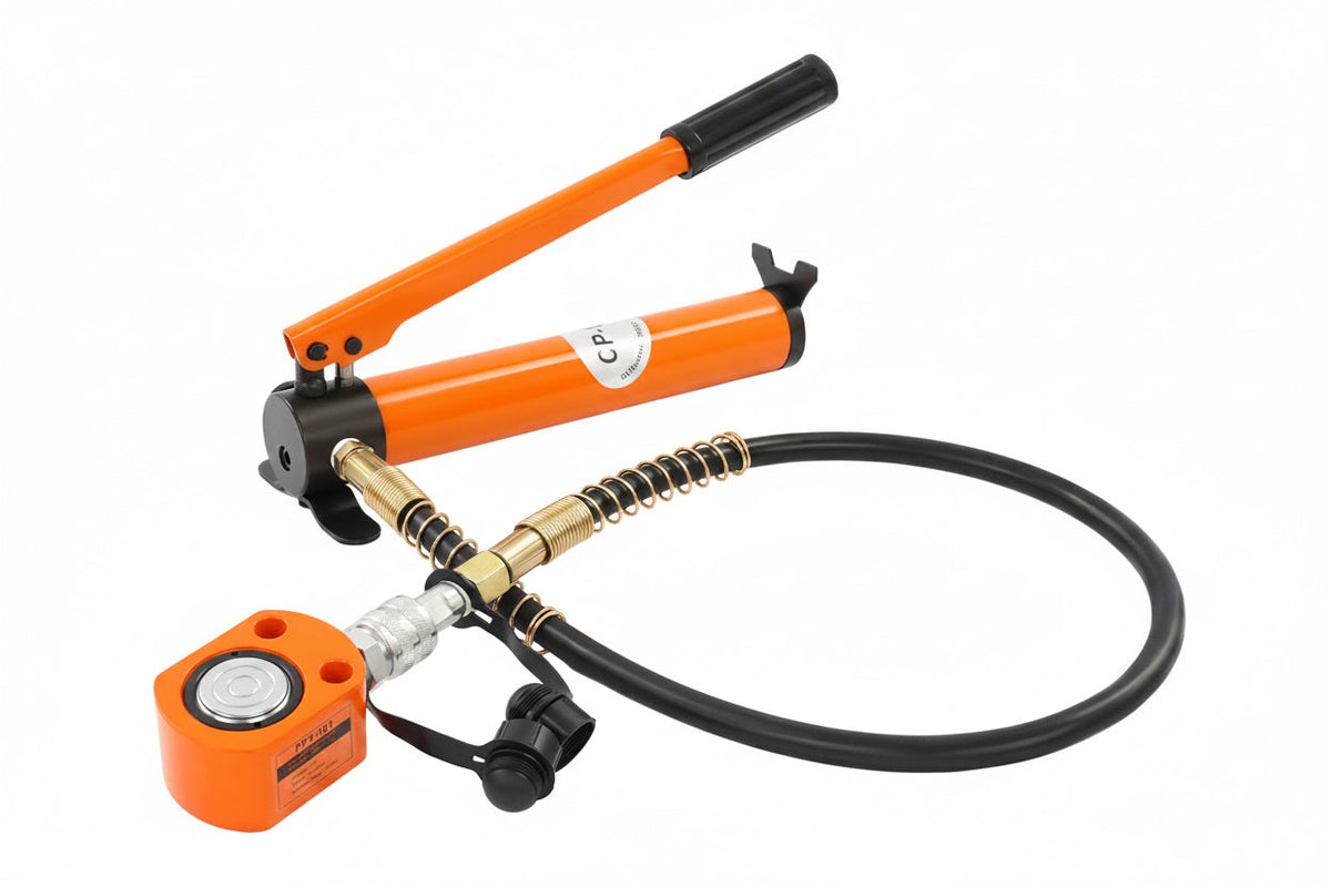 Hydraulic Ram Cylinder Jack – 10T Low-Profile Single-Acting Mini Porta Power Ram with CP-180 Hand Pump for Machinery and Shipbuilding Repairs