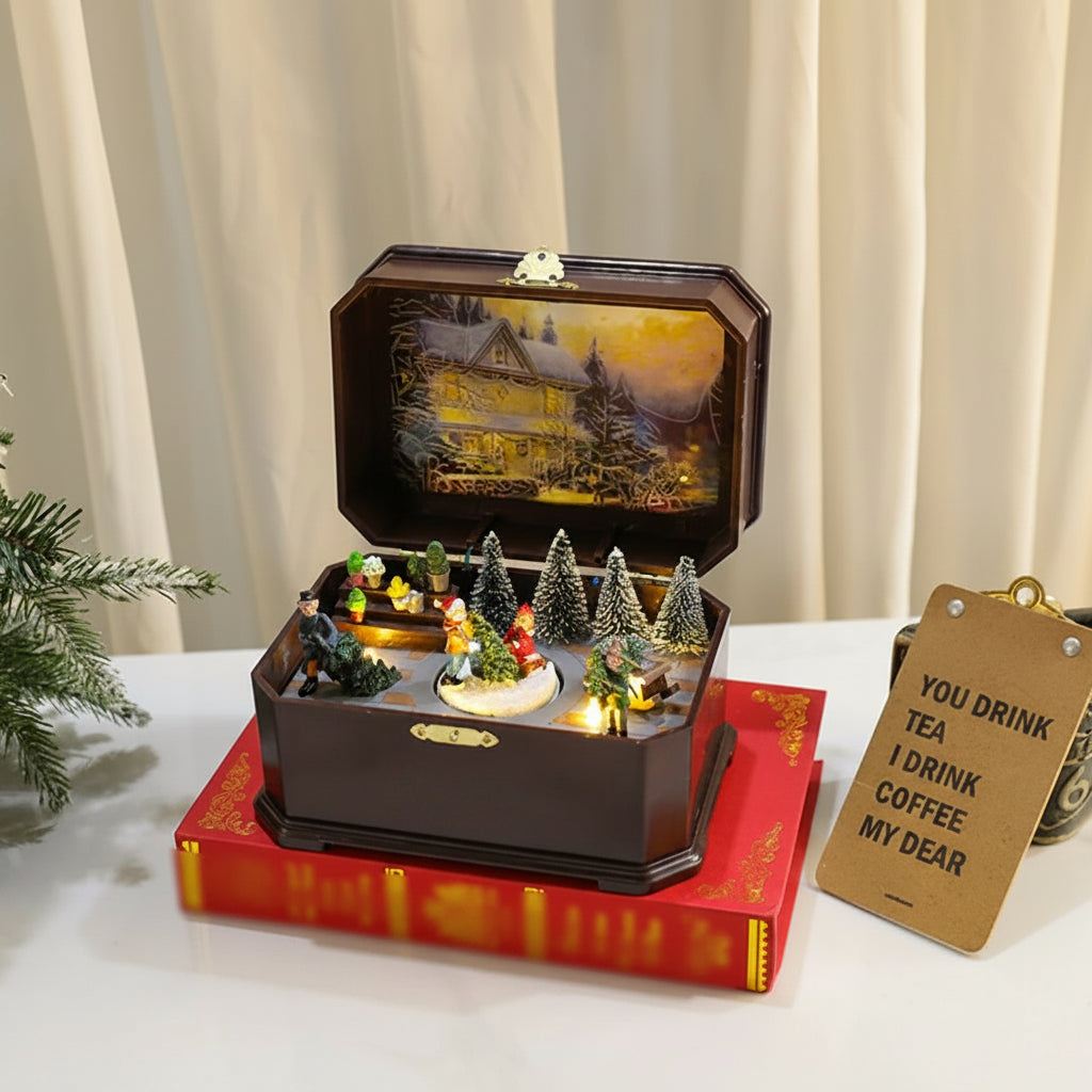Snow Globe Music Box Lamp – Rotating Crystal Ball Night Light with Vintage Christmas Carousel and Warm Holiday Ambience