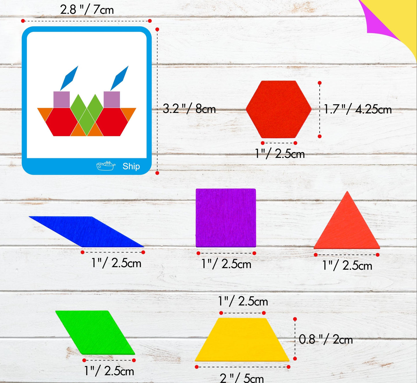 Wooden Pattern Blocks Set – 155-Piece Montessori Geometric Tangram Puzzle for Kids Developing Shape Recognition, Fine Motor Skills and Creativity