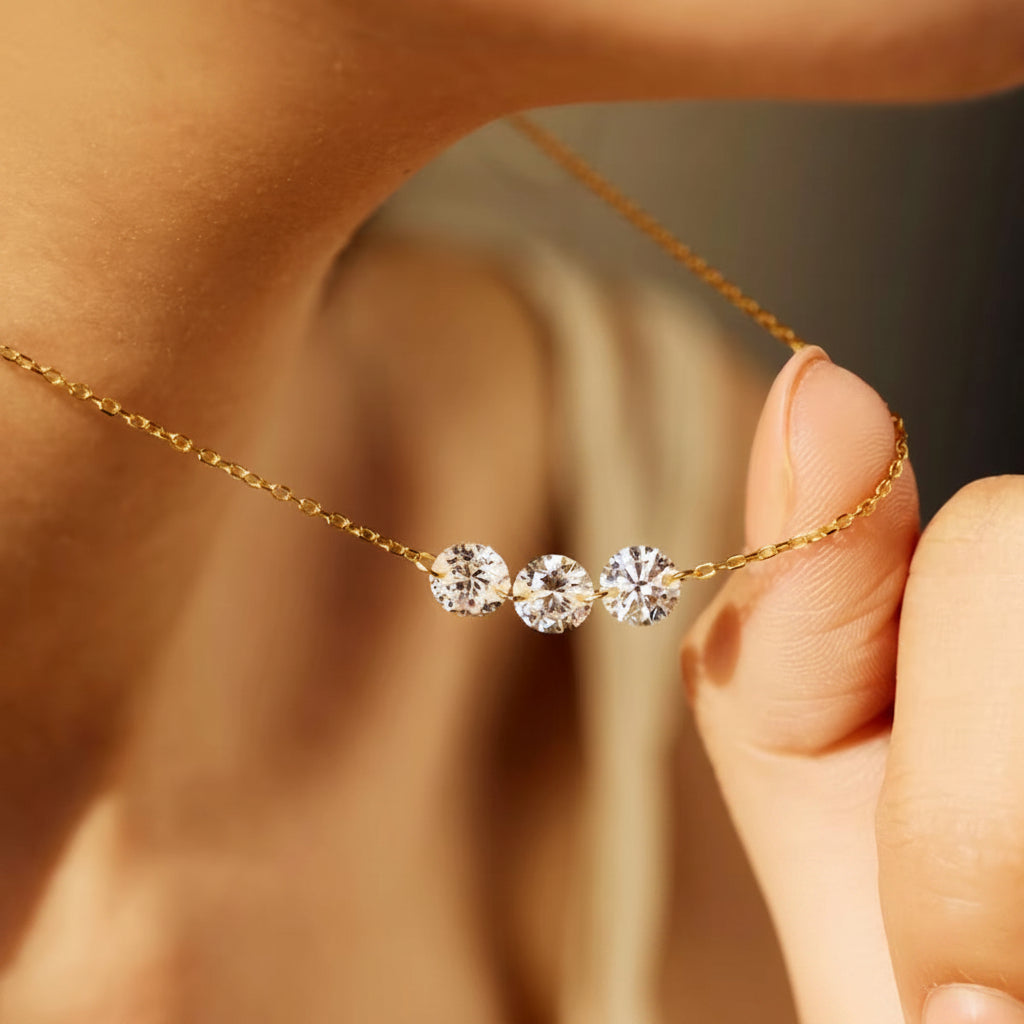 Silver Zircon Necklace – S925 Adjustable Sliding Pendant Jewelry with Three Sparkling Stones, Minimalist Luxury Accessory for Men and Women