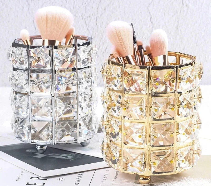 Crystal Makeup Brush Storage Tube – Elegant Metal Cosmetic Organizer for Eyebrow Pencils, Jewelry and Beauty Accessories with European Style