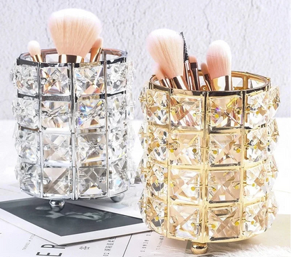 Crystal Makeup Brush Storage Tube – Elegant Metal Cosmetic Organizer for Eyebrow Pencils, Jewelry and Beauty Accessories with European Style