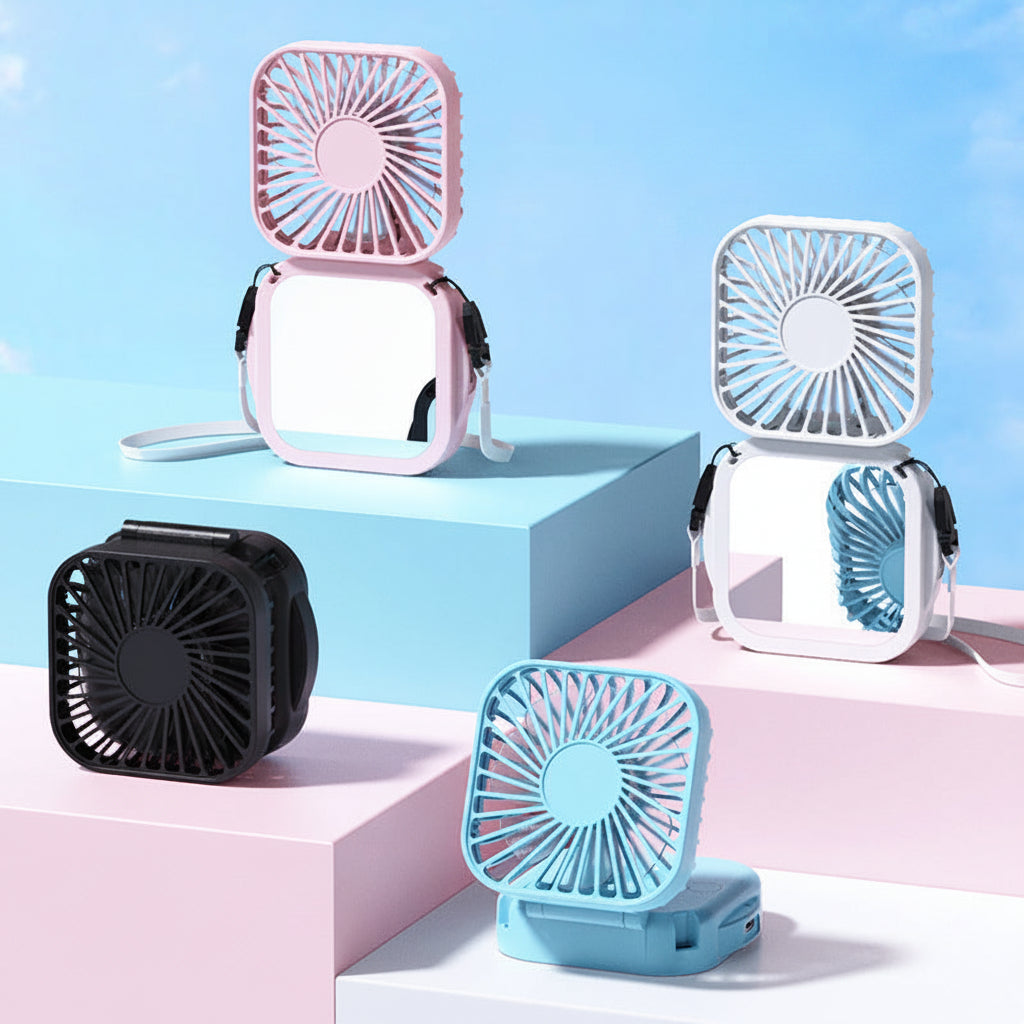 Handheld Portable Fan with Mirror – Compact Rechargeable Personal Cooling Device for Makeup, Travel, Summer Outdoor Use and Everyday Convenience