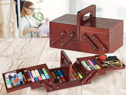 Wooden Sewing Box – Expandable Embroidery Storage Basket with Handle for Sewing Supplies, Threads, Needles and Portable Craft Organization