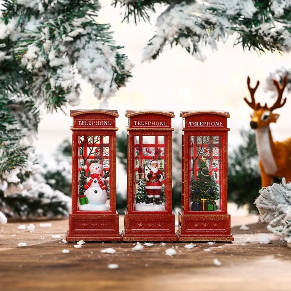Christmas Phone Booth Ornament – Lighted Santa Snowman Village Decoration for Festive Window Displays