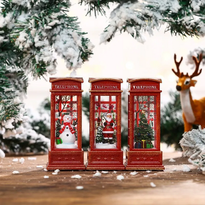Christmas Phone Booth Ornament – Lighted Santa Snowman Village Decoration for Festive Window Displays