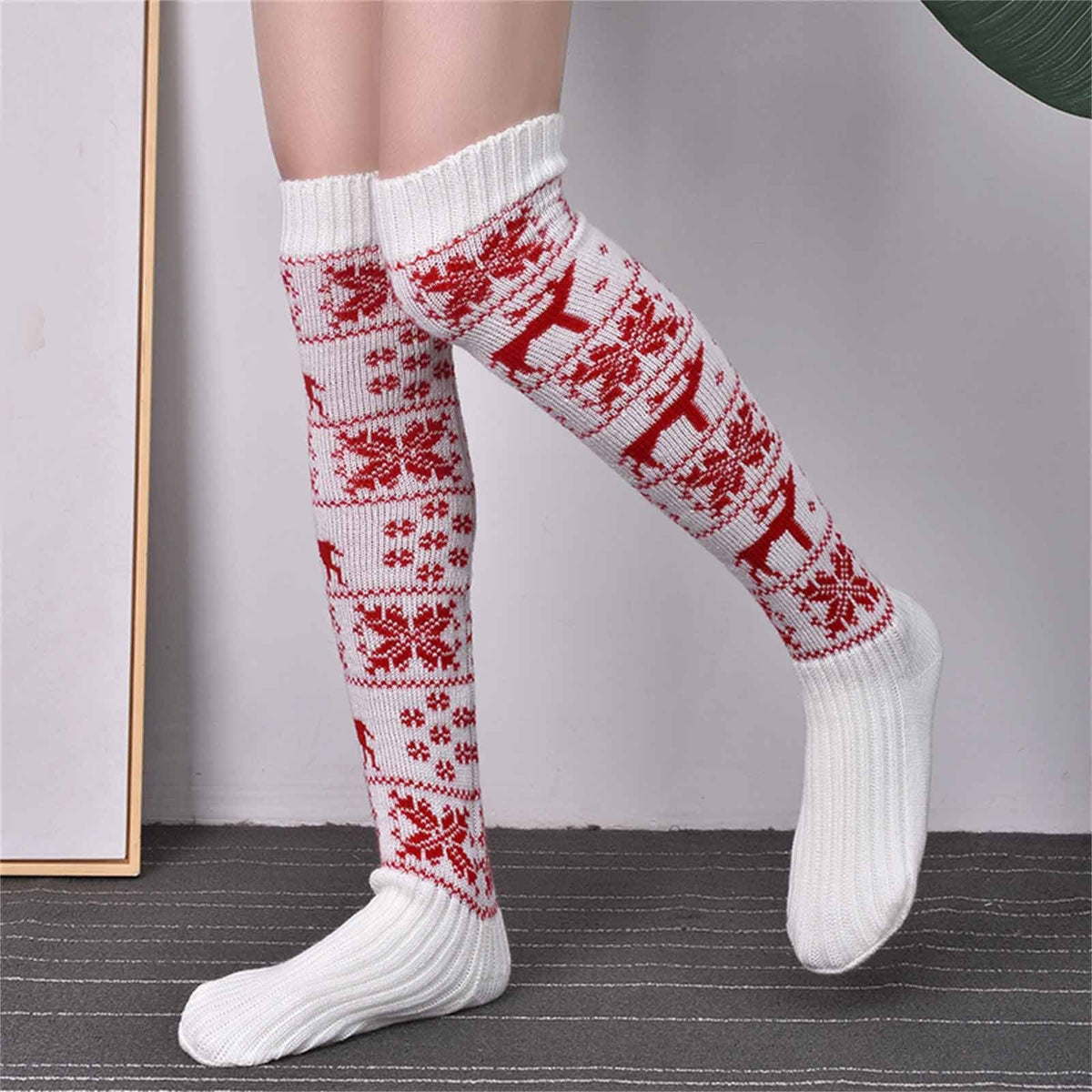 Women's Christmas Knit Socks – Cozy Over Knee Cotton Winter Socks for Holiday Outfits, Warmth and Festive Style