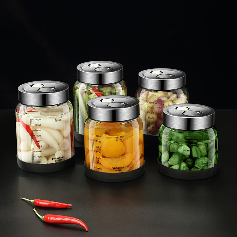 Borosilicate Pickle Jar – Airtight Glass Olive and Cucumber Storage Container with Double Exhaust Valve for Fresh Preservation