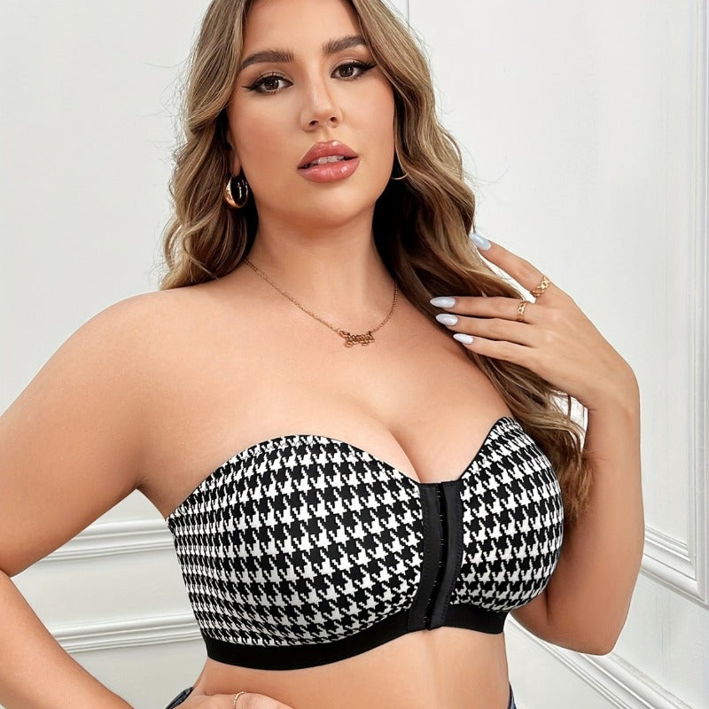 Houndstooth Push-Up Strapless Bra – Front-Closure Wireless Bandeau for Small Busts with Lift, Sweetheart Shape and Stylish Support for Women