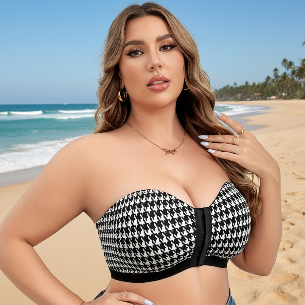 Houndstooth Push-Up Strapless Bra – Front-Closure Wireless Bandeau for Small Busts with Lift, Sweetheart Shape and Stylish Support for Women