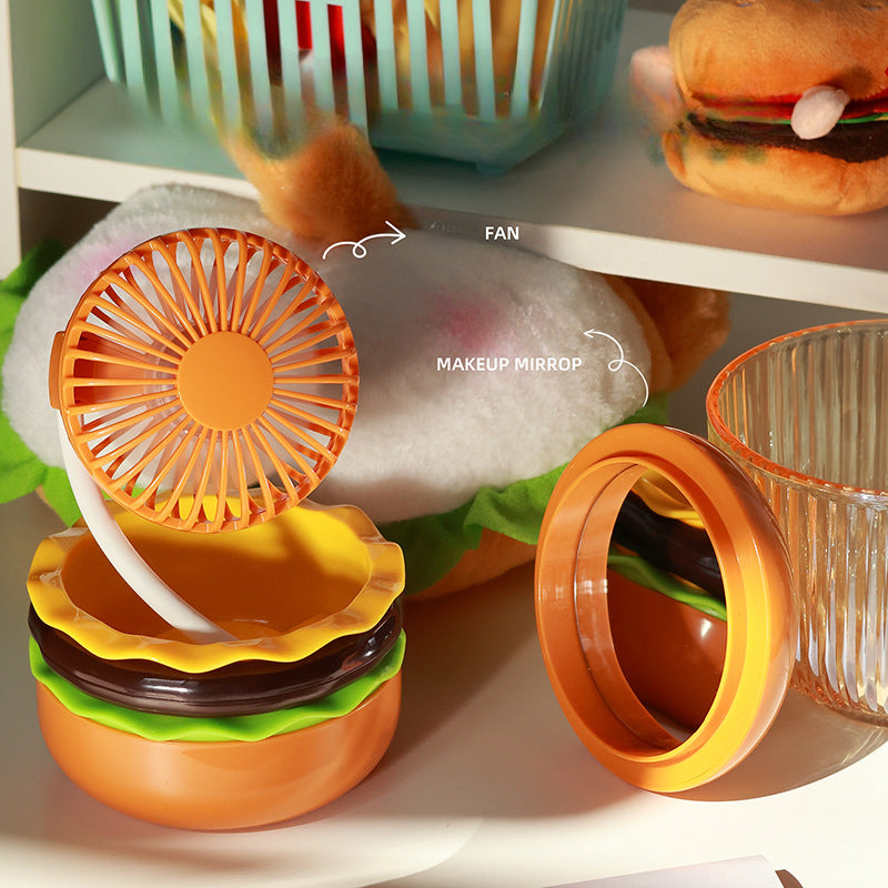 Portagble Burger USB Desktop Fan - Cartoon Cooling Fan with Beauty Mirror, Rechargeable Handheld Design and Summer Gift Appeal
