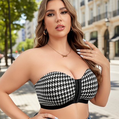 Houndstooth Push-Up Strapless Bra – Front-Closure Wireless Bandeau for Small Busts with Lift, Sweetheart Shape and Stylish Support for Women