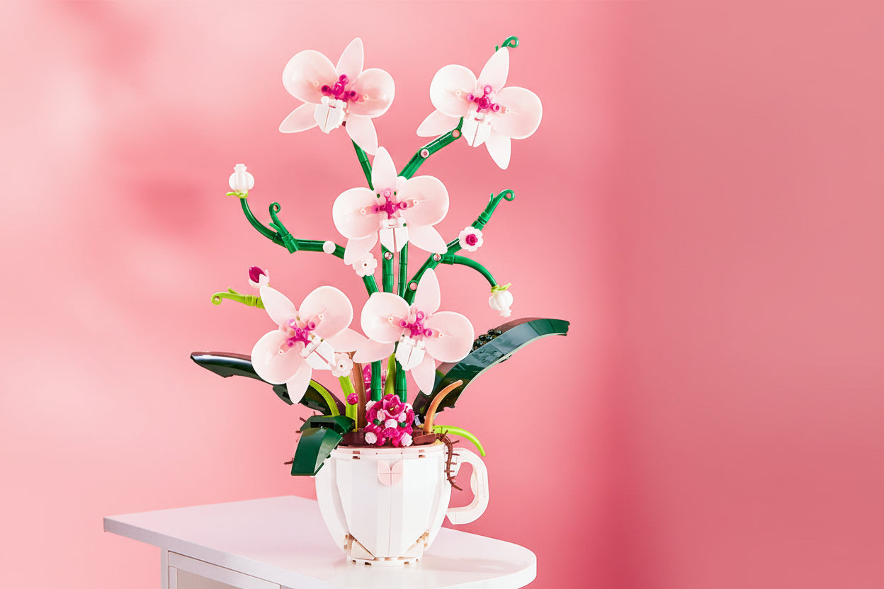 Orchid Coffee Cup Building Blocks – DIY Flower Brick Decoration for Home Desk Display and Creative Gift Giving