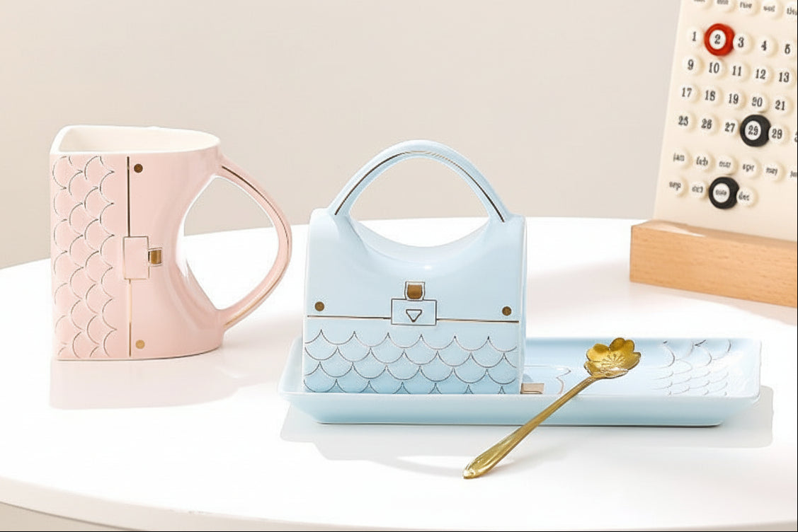 Handbag Style Ceramic Coffee Cup Set – Elegant Gold Accent Mug and Saucer for Milk Tea, Breakfast, Office Use and Creative Gifts