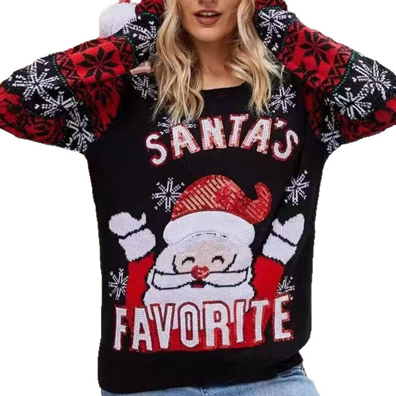 Christmas Santa Knit Sweater – Women’s Soft Long Sleeve Holiday Pullover with Festive Cartoon Design for Cozy Winter Wear