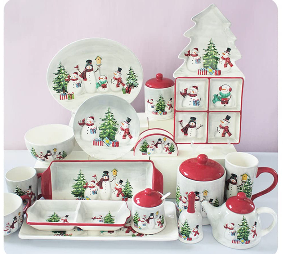 Christmas Ceramic Dinnerware Set – Snowman Holiday Plates, Bowls, Teapot and Cutlery for Festive Family Dining