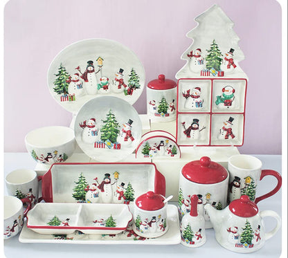 Christmas Ceramic Dinnerware Set – Snowman Holiday Plates, Bowls, Teapot and Cutlery for Festive Family Dining
