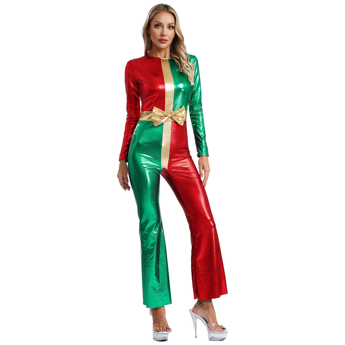 Metallic Santa Cosplay Jumpsuit – Women's Christmas Costume for Holiday Parties, Dance Performances and Festive Events