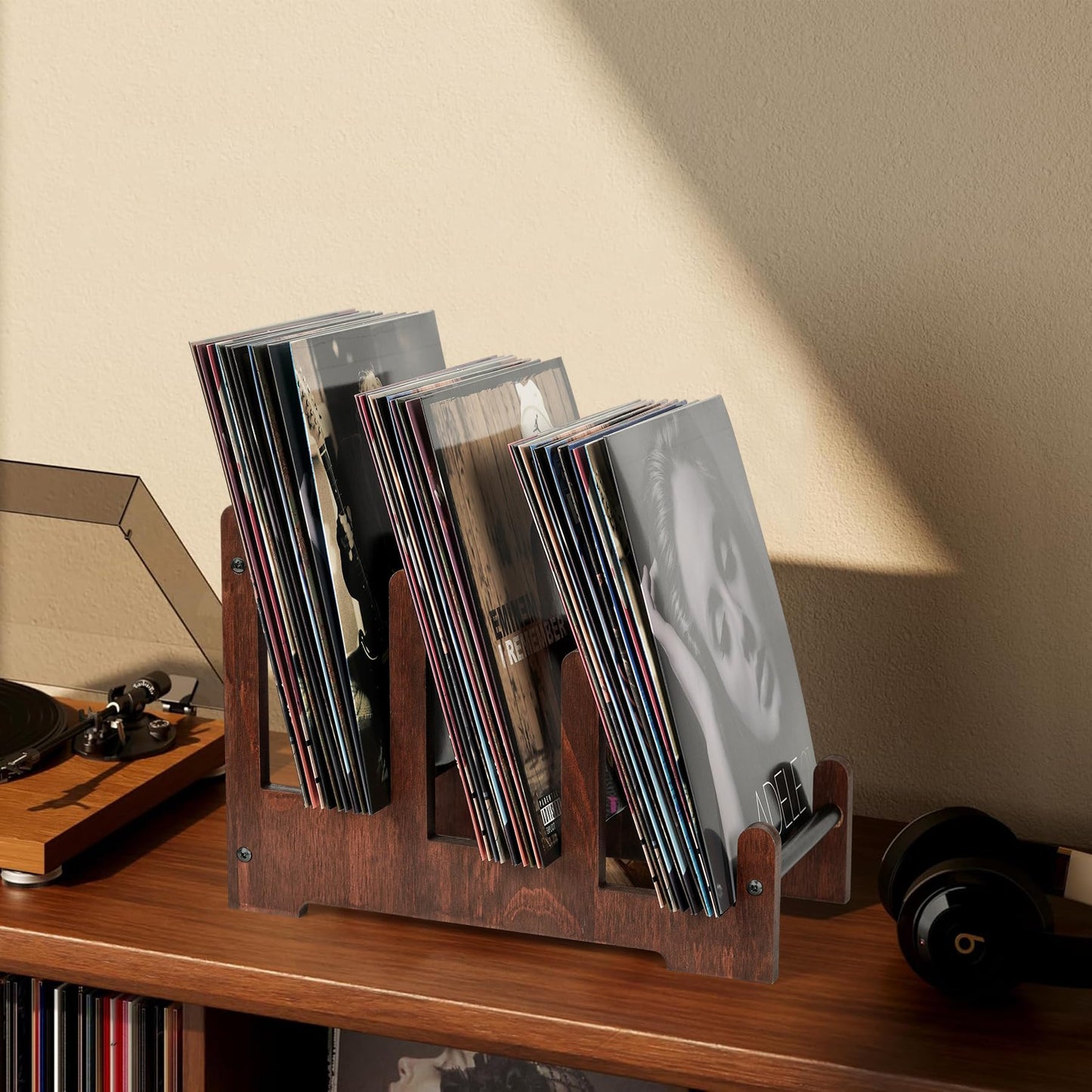 Portable Wooden Vinyl Record Holder – Large Capacity Display Stand for LP Albums, CDs, Magazines and Space-Saving Media Organization