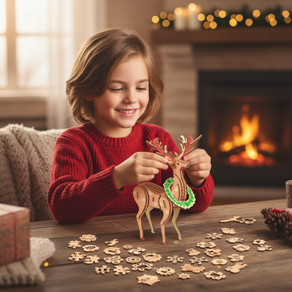 Wooden Reindeer 3D Puzzle – DIY Christmas Craft Kit for Family Activities and Festive Table Decor