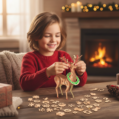 Wooden Reindeer 3D Puzzle – DIY Christmas Craft Kit for Family Activities and Festive Table Decor