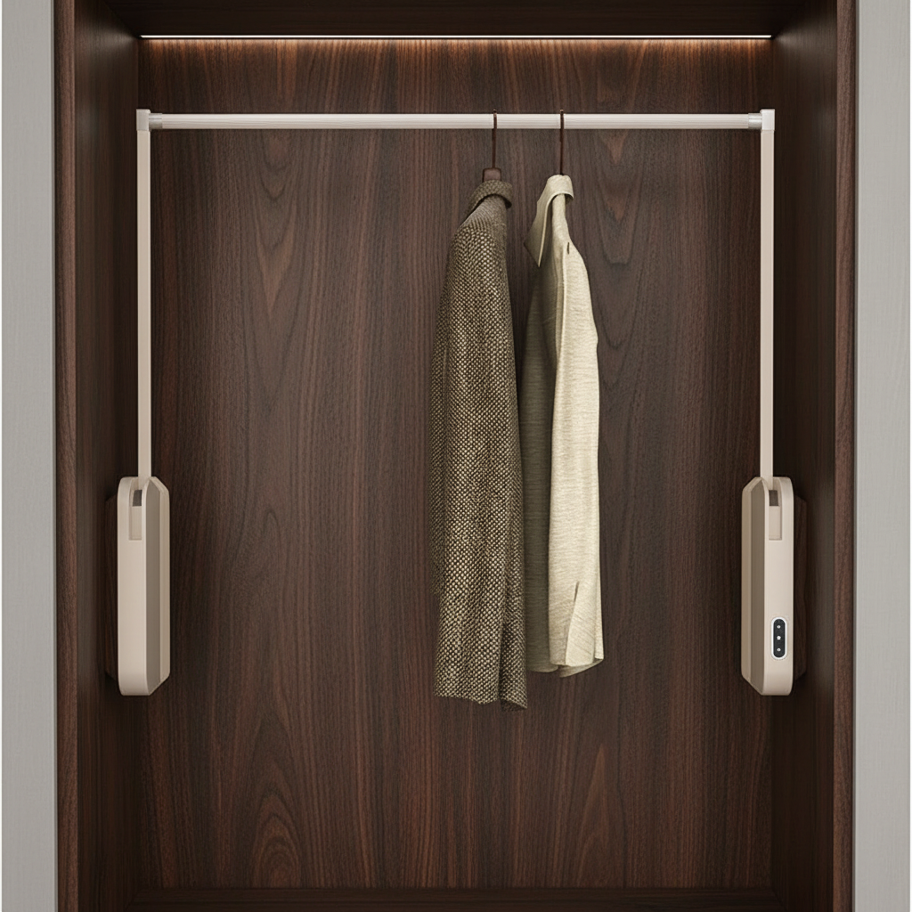 Electric Wardrobe Lift Hanger – LED Touch Sensor Closet Rail with Remote Control for Easy High Cabinet Clothing Access