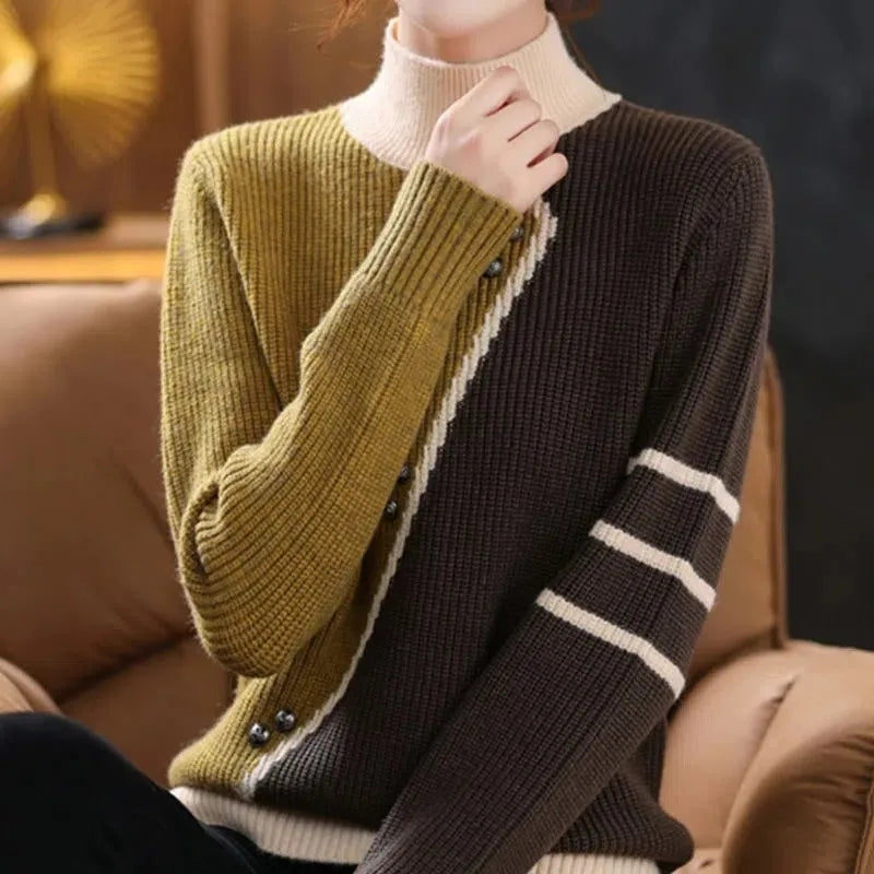 Half Turtleneck Knit Sweater – Women's Thick Long Sleeve Pullover for Cozy Autumn Winter Layering and Everyday Fashion