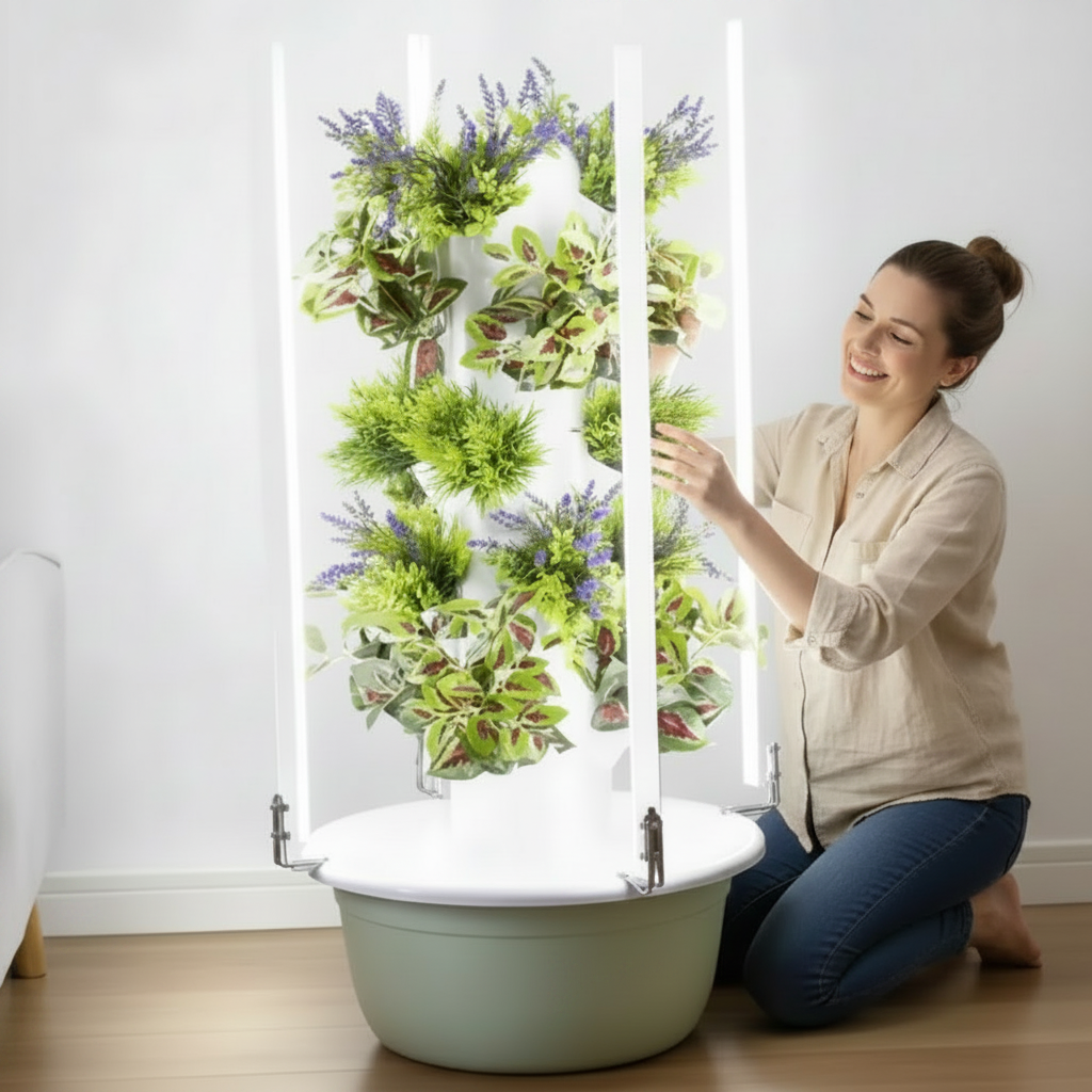 Hydroponic Tower Growing System – Vertical Soilless Planter with LED Grow Light and Intelligent Timer for Indoor Vegetables, Herbs and Space-Saving Gardening