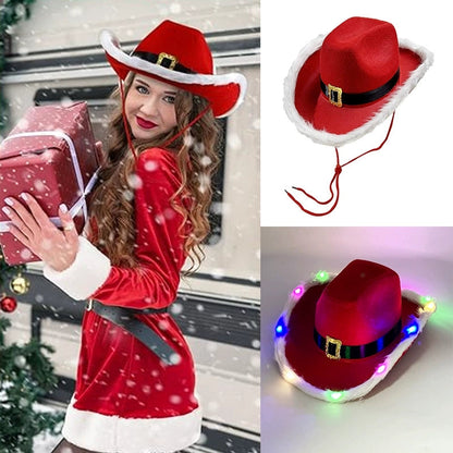 Light Up Santa Cowboy Hat – LED Western Christmas Party Hat for Holiday Costumes, Festivals and Photo Booth Fun