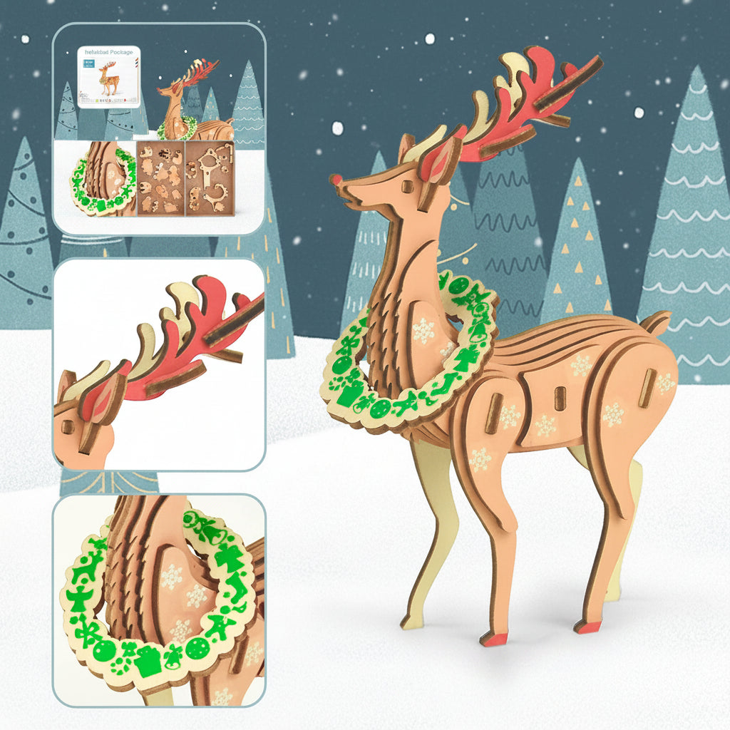 Wooden Reindeer 3D Puzzle – DIY Christmas Craft Kit for Family Activities and Festive Table Decor