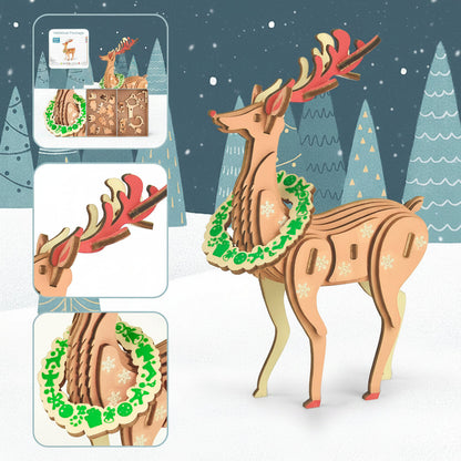 Wooden Reindeer 3D Puzzle – DIY Christmas Craft Kit for Family Activities and Festive Table Decor