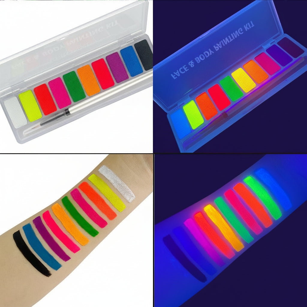 UV Glow Body Paint Set – Neon Fluorescent Face and Body Makeup for Halloween Parties, Festivals and Cosplay Looks