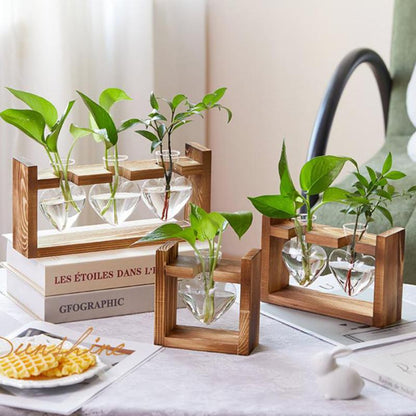 Glass Propagation Station – Tabletop Hydroponic Plant Vase with Wooden Tray for Home, Office and Elegant Botanical Display