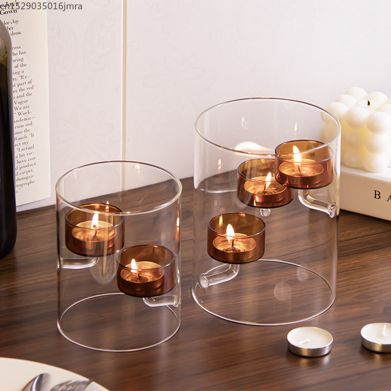 European Glass Candle Holder – Windproof Brown Cylindrical Candle Stand for Dining Tables, Weddings and Elegant Home Decor