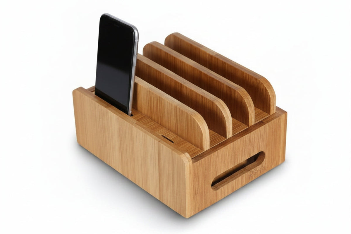 Bamboo Phone Charging Station – Wooden Organizer Stand for iPhone, Samsung, Tablets and USB Cables, Perfect for Home Office Desks