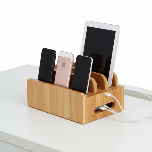 Bamboo Phone Charging Station – Wooden Organizer Stand for iPhone, Samsung, Tablets and USB Cables, Perfect for Home Office Desks