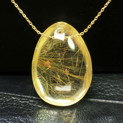 Natural Gold Rutilated Quartz Necklace – Genuine Brazil Crystal Pendant for Women and Men with Elegant Healing Jewelry Style