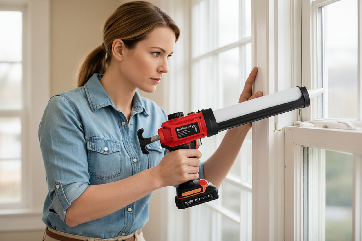 Electric Caulking Gun – 20V 3A Cordless Sealant Applicator with LED Light, Adjustable Push Rod and Aluminum Release Button for DIY Projects