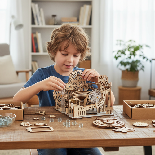 Electric 3D Wooden Marble Run Puzzle - DIY Mechanical Model Kit Brain Teaser for Adults, Kids and Creative Gift Giving