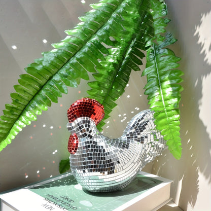 Chicken Disco Ball Sculpture – Mirror Mosaic Home Decor Ornament for Parties, Farmhouse Displays and Unique Gift Ideas